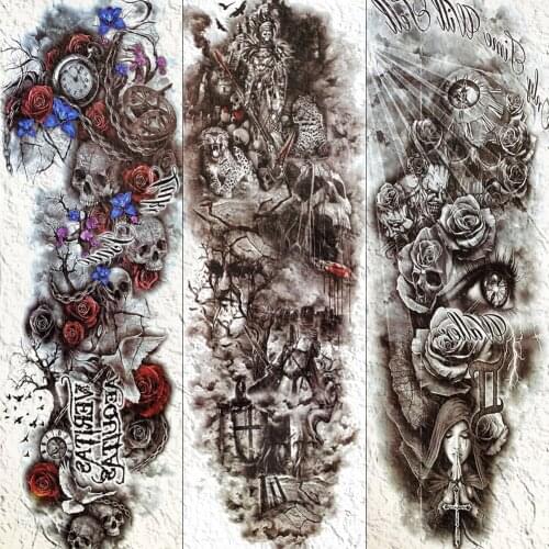 3D Disposable Long Full Arm Leg Tattoo Temporary Death Skull Warrior Tatoo For Men Women Body Art Waterproof Fake Tattoo Sticker