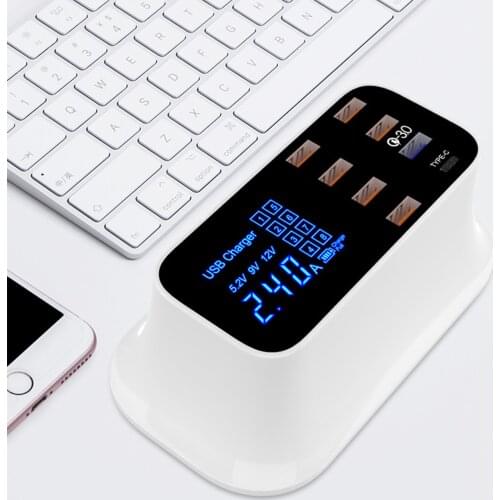 8 Port Smart USB QC 3.0 Charger Station LED Display Type C Fast Charging Power Adapter USB Charger