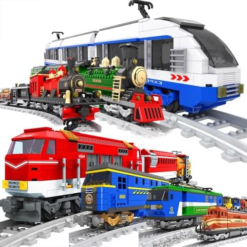 Ausini City Train Station Rail Tracks Locomotive Wagon Cargo Carriage Technique Wagon Power Model Set Building Blocks Toy Gift