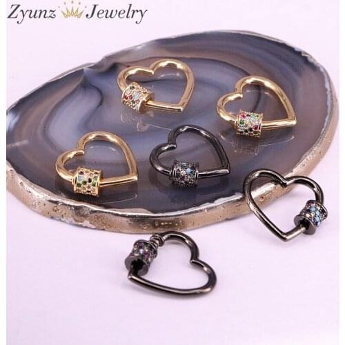 5PCS, 20*18MM, CZ Micro Pave Crystal Zirconia Heart Clasp Lock Carabiner Pave Lock Jewelry Findings