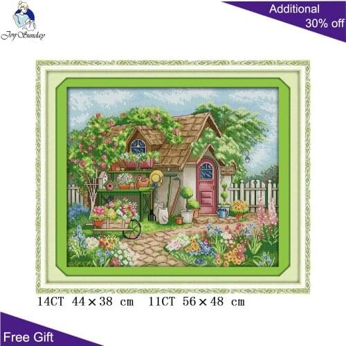 Joy Sunday Summer Garden Cottage Home Decoration FA123 14CT 11CT Counted Stamped Flowers House Embroidery DIY Cross Stitch kits