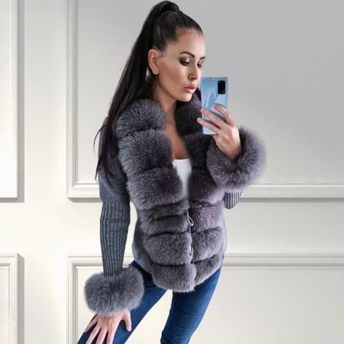 Real Fox Fur Cardigan Knitted Sweater Coat Autumn Winter Woman Bubble Sleeve Detachable Warm Solid Fox Fur Collar 2021 Jacket