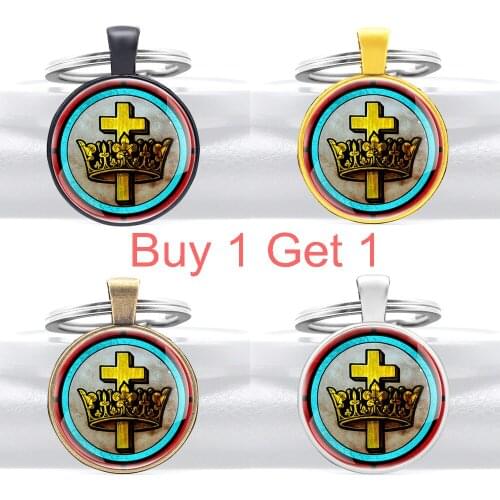 Buy 1 Get 1 Classic Cross Crown Glass Cabochon Key Chain Men Women Christ Jewelry Key Rings