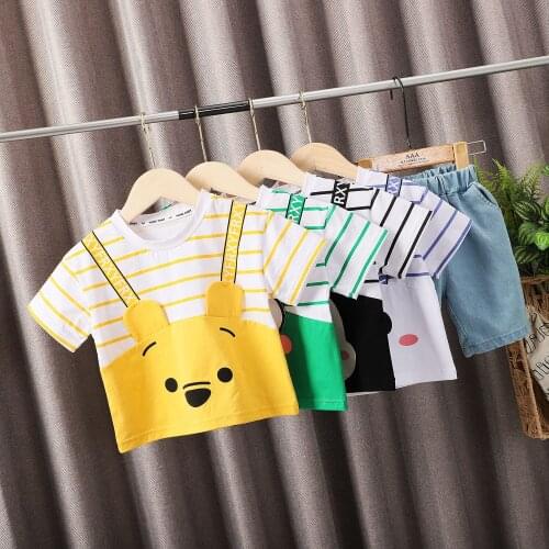 Toddler Boy Summer Cute Fashion Set 2021 New Baby Girls Cartoon Striped Patchwork T-Shirt + Shorts 2-piece Casual Kids Clothing