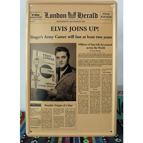 50pcs/lot Metal Sign shabby chic The Elvis joins up NEWS plaque Wall Decor Bar House Office Tin Signs A-76 Mix order 20*30 CM