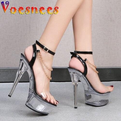 Fashion Women Sandal Shoes Sexy Chain Design Super Models Show High Heels PVC Hyaline Platform Striptease Crystal Hentian High