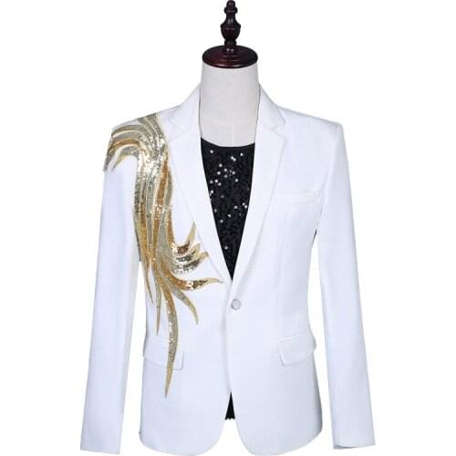 Golden Sequins Male White Slim Fit Wedding Formal Blazer Mens Dress Dance Performance Suits Men Fashion Host Stage Clothing