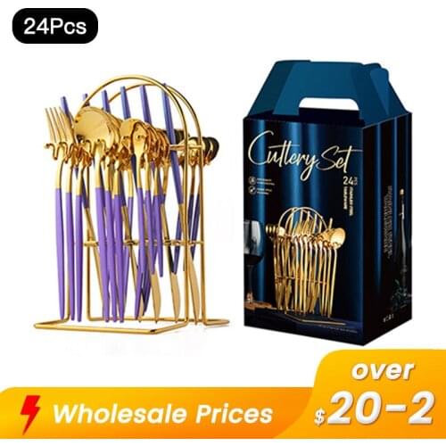 Purple Gold Stainless Steel Steak Knife Fork Coffee Dessert Spoon 24Pieces Cutlery Set With Luxury Storage Rack Dinnerware Set