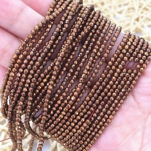 New gold-color hematite natural stone 2mm 3mm round faceted gems loose beads fashion diy jewelry spacer accessories 15 inch B466