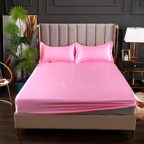 Satin Artificial Silk Fitted Bed Sheet Solid Color Mattress Cover Elastic Belt Sheet Double King Size Sheet 160x200 200x220