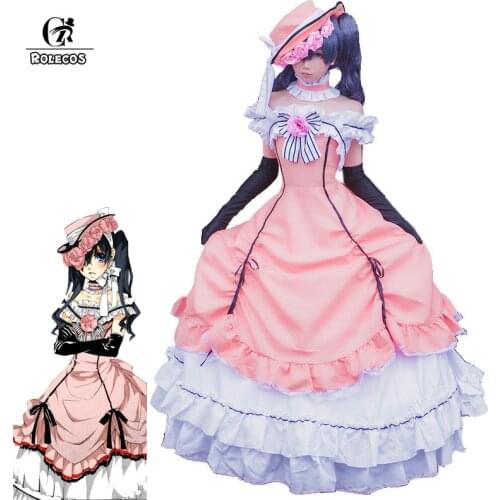 ROLECOS Ciel Phantomhive Cosplay Anime Victorian Women Dress Medieval Ball Gown Costume Gothic Lolita Black Butler Cosplay Hat