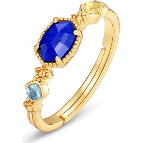 Luxury lapis rings for women geometric shining Navy blue gem 925 sterling silver fine jewelry adjustable opening size accessory