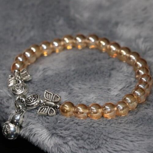 Elastic bracelet luxury electroplate champagne crystal 6mm round beads gift silver-color gourd pendant jewelry 7.5inch B2137