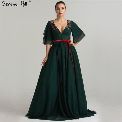 Sexy Deep V-neck Dark Green Half Sleeve Evening Dresses 2020 Handmade Flowers A-line Party Gown Dubai Robe De Soiree BLA6341