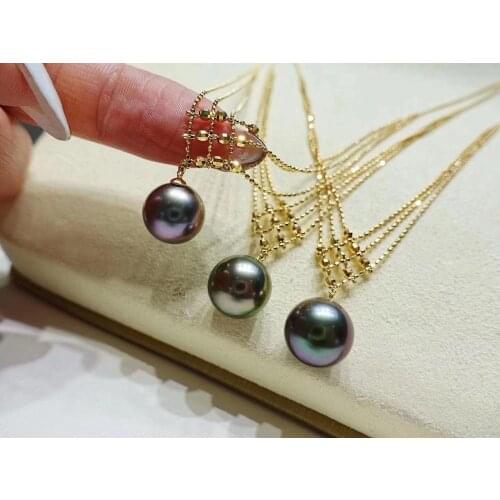Solid 18K Gold Japan Origin Necklace Round 10-11mm Nature Sea Water Tahitian Origin Tahiti Black Pearls Necklaces for Women Gift