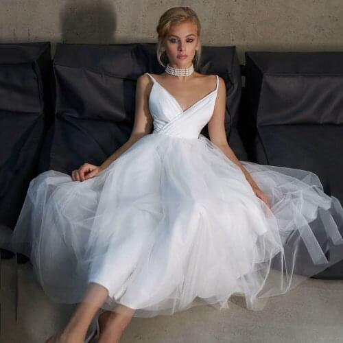 UZN Ankle Length A Line Satin Wedding Dress V Neck Spaghetti Straps Tulle Bridal Gown Sexy Brides Dress Vestido De Novia