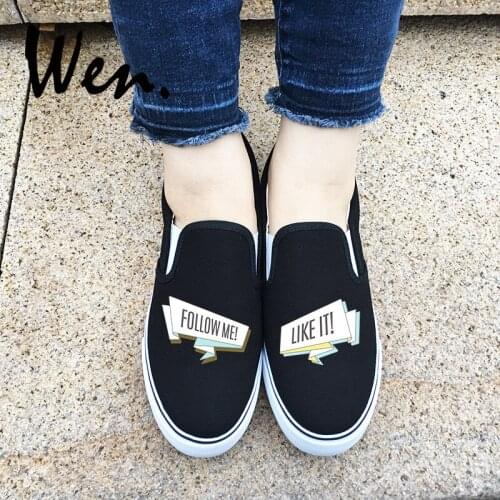 Wen Design Original Black White Canvas Shoes Literal Slogans FOLLOW ME! LIKE IT! Slip On Women Mens Sneakers Platform Shoes