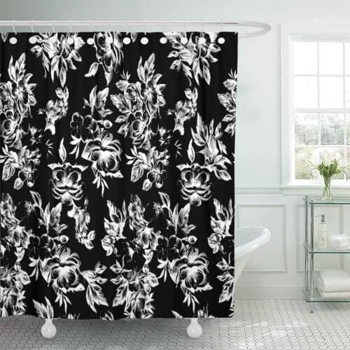 Vintage Black and White Floral Pattern Abstract Beautiful Beauty Shower Curtain Waterproof Fabric 72 x 78 Inches Set with Hooks