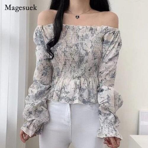 Vintage Chic Autumn 2021 Folds Slash Neck Print Long Sleeved Shirts New Women Blouse Elegant Casual Female Clothing Blusa 15765