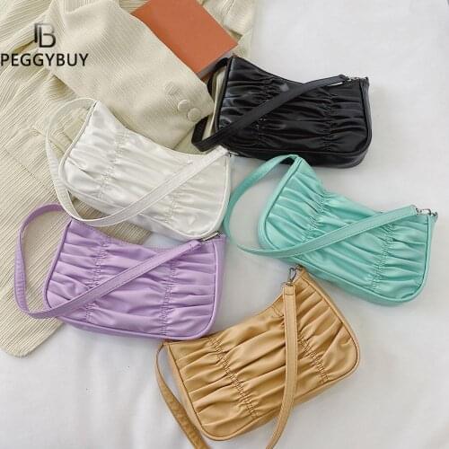 Vintage Women Pleated Square Bag Pure Color PU Leather Shoulder Underarm Bag Casual Ladies Small Purse Handbags