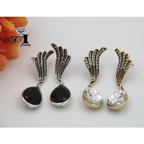 YaYi Jewelry Fashion BOHO Black Glass Crystal Rhinestone Dangle Women Ancient Gold Color Wear Ear Band Long Tassel Earrings