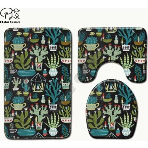 Cactus pattern funny 3D printed Bathroom Pedestal Rug Lid Toilet Cover Bath Mat Set drop shipping style-3