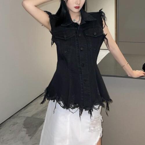Tassel Trim Women Denim Vest Coat Spring Summer Sleeveless Single-Breasted Jacket Outwear Tops