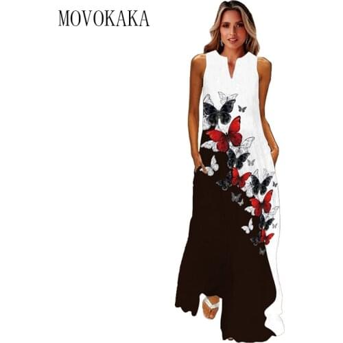 WAYOFLOVE Black White Butterfly Print Dress 2021 Beach Casual Elegant Plus Size Long Dresses Woman Summer Sleeveless Dress Women