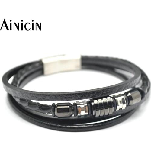 1pc Black Color Genuine Leather Multi-layer Bracelets Gun Black Vacuum Plating Fashion Men Magnet Clasp Bracelets
