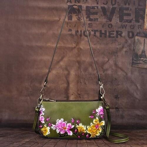 2021 Spring Genuine Leather Women Shoulder Bags Handmade Embossed Cow Leather Small Bag Retro Floral Ladies Mini Bags Sac A Main