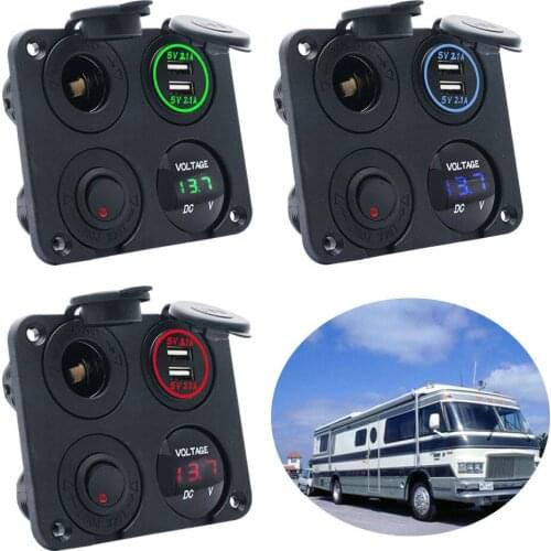 4 Way 4.2A USB Socket Voltmeter Meter with Cigarette Lighter 4 Hole Socket Panel Base ON-OFF Button Switches for Car Truck Boat