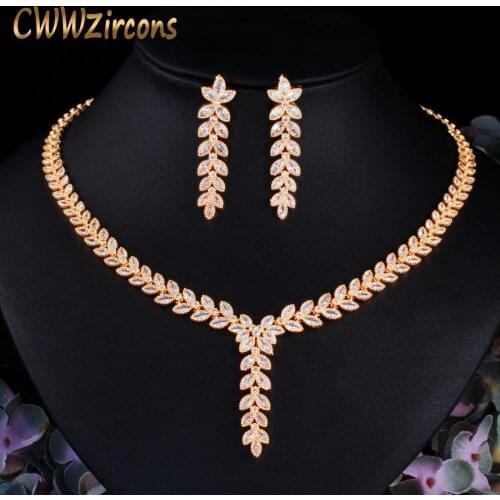 CWWZircons Leaf Shape Dangle Drop Party Earring and Necklace African Nigerian CZ Gold Color Wedding Jewelry Set for Brides T488