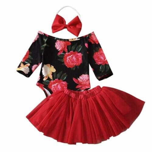 Newborn Baby Girls Clothes Off Shoulder Long Sleeve Floral print Romper Jumpsuit+Tutu Skirt+Headband Christmas Outfit Set