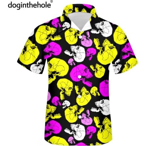 Doginthehole Yellow Pink Skull Pattern Mens Casual Loose Shirts Summer Breathable Short Sleeve Tunic 2021 Fashion Beach Tops