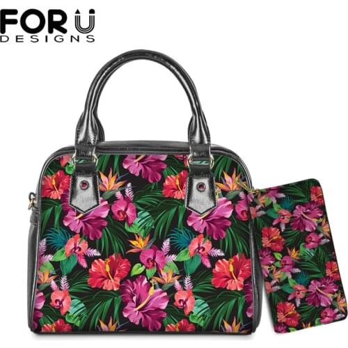 FORUDESIGNS Women Bags Tropical Hibiscus Flower Print Lady Shoulder Bags With Purse Set Designer Handbags Bolsa Feminino