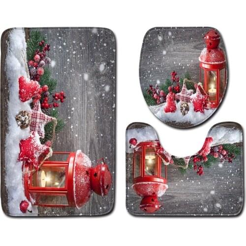 Hot 3Pcs Merry Christmas Bathroom Set With Non-Slip Rugs And WC Toilet Cover Mat Creative Printing Washable Cheap Carpet