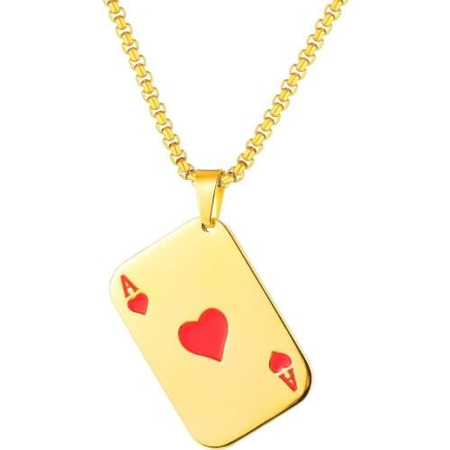 Playing Cards Ace of Hearts A Necklaces Stainless Steel Rectangle Pendant for Men Him Punk Lucky Jewelry