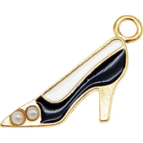Julie Wang 5PCS High Heel Charms Enamel Balck White Alloy Gold Tone Necklace Bracelet Findings Jewelry Making Accessory