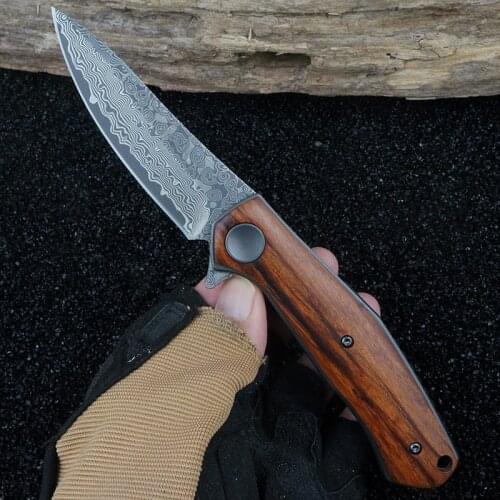 KERZEMAN Outdoor Knife Wooden Handle Damascus Steel VG-10 Blade Multifunctional EDC Tool Hunting Self-Defense Pocket Knife