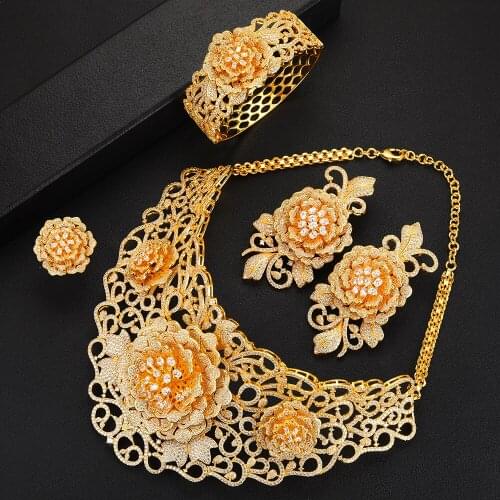 KellyBola Nigerian Wedding Naija Bride Charm Rose Flower Leaf Luxury Women Cubic Zirconia Necklace Dubai 4PCS Dress Jewelry Set