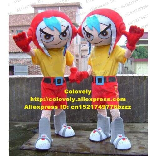 Handsome Pink The Rowdyruff Boys Racing Driver Speed Racer Thunderbolt Mascot Costume Long Red Hat Blue Short Hairs No.6118