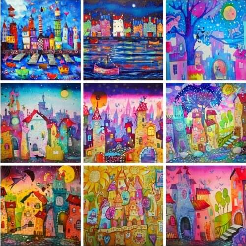 Huacan 5D DIY New Diamond Art Painting Full Square Building Diamond Embroidery Kits Mosaic Cartoon House Home Decor