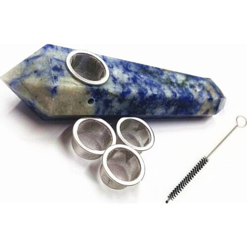 Natural blue Sodalite crystal wand tobacc pipe with 3pcs filter and 1pcs brush healing