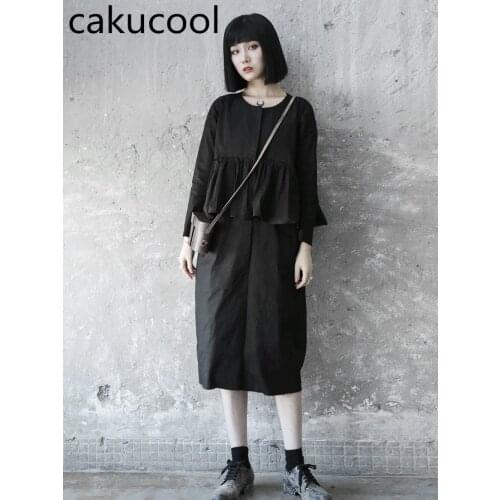 Cakucool New Fashion Women dresses irregular ruffle stitching fake two black cotton women dress solid color loose casual dress