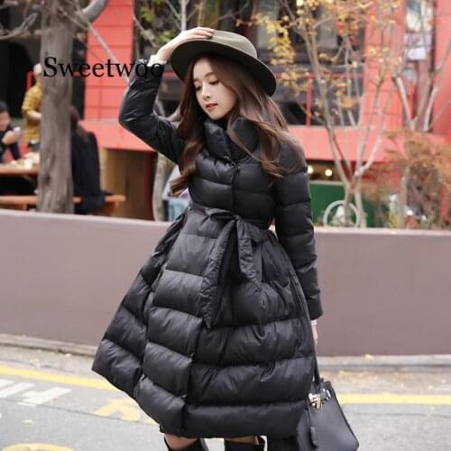 NEW 2020 winter fashion women Coats medium-long cotton-padded jacket Thick lacing waist Large Hem Parka Overcoat