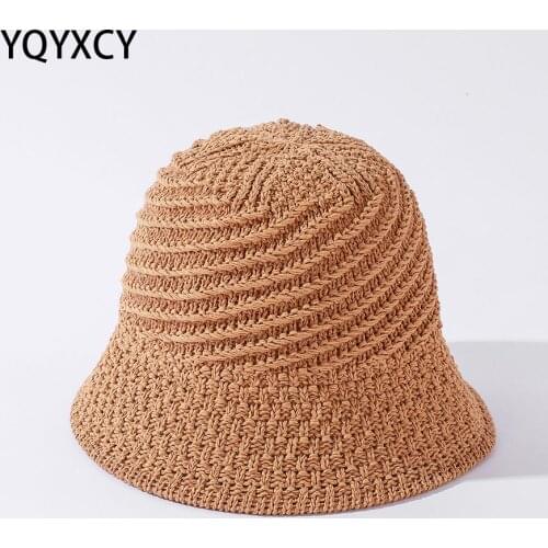 YQYXCY Bucket Hat Women Knitted Linen Summer Hats For Women Sun Protection Gorros Casual Solid Color Korean Fishing Hat Female