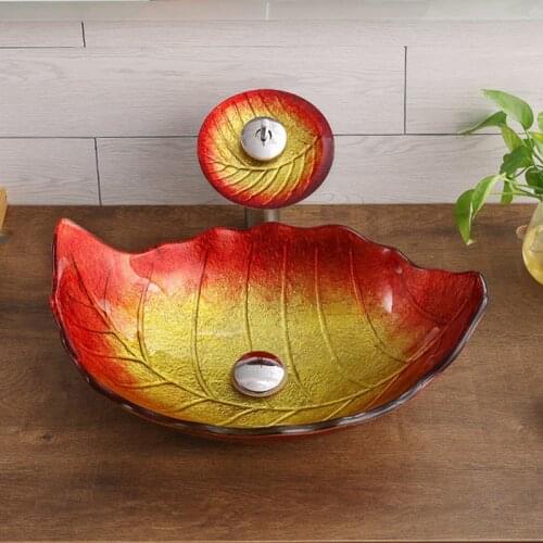 Bathroom Washbasin Countertop Tempered Glass Basin Brass Waterfall Faucet Washroom Vessel Vanity Bar Sink Faucet Set