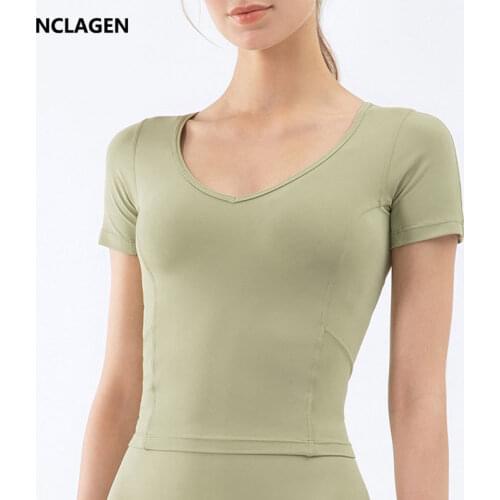 NCLAGEN Sports Top Women Short Sleeve Yoga Blouse V-neck Female Slim Fitness Wear Running Athletic Active Dry Fit Gym T-shirt