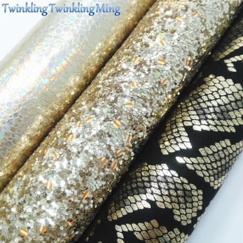 GOLD Glitter Fabric, Snake Faux Leather Fabric, Iridescent Crack Synthetic Leather Sheets For Bow A4 8"x11" Twinkling Ming XM281
