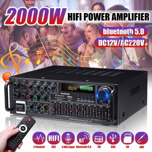 2000W Large Display Home Car Amplifiers 2 Channel bluetooth 5.0 Surround Sound FM Remote Control HIFI Digital Amplifier Stereo